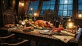Roast Meat Feast on Ornate Table by Window in Medieval Hall. Royalty Free Stock Photo