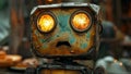 Rustic Robotâs Gaze: A Melancholic Relic of the Past Amidst a Blurred Background