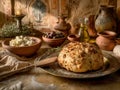 Rustic Roman libum cheese bread surrounded by authentic villa ingredients Royalty Free Stock Photo