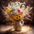 Rustic Romance: A Charming Bouquet of Wildflowers, Daisies, and Wheat Stems Royalty Free Stock Photo