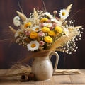 Rustic Romance: A Charming Bouquet of Wildflowers, Daisies, and Wheat Stems Royalty Free Stock Photo