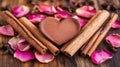 Rustic Romance Heart-Shaped Pattern of Dried Rose Petals and Cinnamon Sticks on Wood Royalty Free Stock Photo