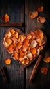 Rustic Romance Heart Shaped Pattern of Dried Rose Petals and Cinnamon Sticks on Wooden Table Royalty Free Stock Photo