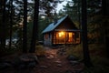 Rustic and romantic modern cabin log house in the forest at night made of wood and has porch with door and windows Royalty Free Stock Photo