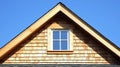 A rustic rooftop with a charming window framed against a vast, blue sky, inviting daydreams and whispers of the wind. Royalty Free Stock Photo