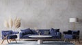 Rustic room design with dark blue sofa and dried flowers on gray interior background