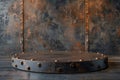 Rustic round metal platform with rivets against a textured metal background. Industrial, grunge, and vintage aesthetic