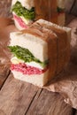 Rustic sandwiches with salami, salad and eggs close-up Royalty Free Stock Photo