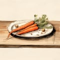 Rustic Scene: Carrots And Nuts On A Plate - High Resolution Editorial Illustration Royalty Free Stock Photo