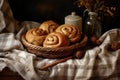 a rustic scene of cinnamon buns on a burlap cloth, beside cinnamon sticks