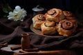 a rustic scene of cinnamon buns on a burlap cloth, beside cinnamon sticks