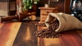 Roasted Coffee Beans Spill From Sack Onto Wooden Table Royalty Free Stock Photo
