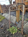 a group of rusted pipes next to a pile of logs Royalty Free Stock Photo