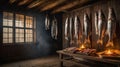 Smoked Fish Delights in Cozy Old Rustic Cabin with Candlelight Ambiance Royalty Free Stock Photo