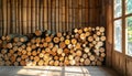 Stacked Firewood Against Bamboo Wall with Natural Light Royalty Free Stock Photo