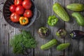 Cucumbers, peppers, tomatoes and dill weed on a rustic wooden board. Royalty Free Stock Photo