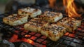 A rustic scene of grilling halloumi cheese embers glowing beneath the hot grill Royalty Free Stock Photo
