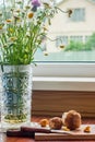 Rustic scene - old-fashionned glass vase with bouquet of chamomiles and wooden desk with mashrooms and knife on window background