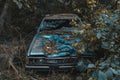 Abandoned car in overgrown forest Royalty Free Stock Photo