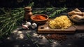 Rustic Scenes: Wooden Board With Spices, Pasta, And Herbs