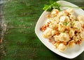 Rustic serving of traditional Russian pelmeni