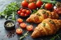 Fresh Croissants with Pesto and Cheese on Rustic Table with Arugula, Cherry Tomatoes, and Olive Oil Generative AI Royalty Free Stock Photo