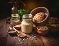 A rustic setting featuring a jar of sourdough starter, fresh bread, and various seeds on a wooden table. Healthy fermentation Royalty Free Stock Photo