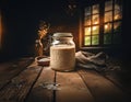 A rustic setting featuring a jar of sourdough starter and various seeds on a wooden table. Healthy fermentation process.