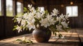 Rustic Still Life: Elegant White Flowers in Earthenware Vase on Wooden Table Royalty Free Stock Photo