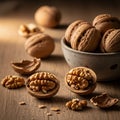 Bowl holds whole walnuts, while cracked shells and walnut halves are scattered Royalty Free Stock Photo