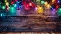 Captivating setting of weathered wood with colorful Christmas lights. Ideal for festive marketing or articles. Generative AI