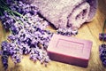 Rustic setting with natural soap and fresh lavender Royalty Free Stock Photo