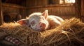 In a rustic setting, a small piglet finds comfort on a bed of hay. Generative AI