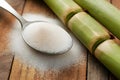 Rustic setup with granulated sugar spoon and sugarcane on wooden surface. Royalty Free Stock Photo