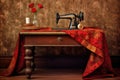 rustic sewing machine with fabric and scissors Royalty Free Stock Photo