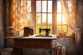 rustic sewing machine with sunlit window background