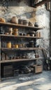 Rustic shelves with pottery and handmade objects Royalty Free Stock Photo