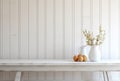 Rustic Shiplap Paneled Wall with Worn Farmhouse Table Minimalist Product Backdrop Background Neutral