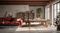Rustic Simplicity: Vray Tracing Living Room With Large Red Wood Sofa