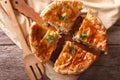 Rustic sliced chicken pie close-up on the table. horizontal top