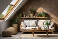 Rustic sofa against brown stucco wall with wooden shelf. Scandinavian interior design of modern stylish living room in attic.