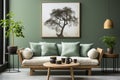 Rustic sofa with green pillows and side tables near dark green wall with poster frame. Scandinavian interior design of modern