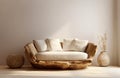 Rustic sofa made from solid wood tree trunk and side table near beige stucco wall with abstract clay or stone wall decor. Interior