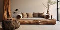 Rustic sofa made of tree root ball and tree trunk decorative column. Minimalist interior design of modern living room