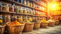 A rustic spice shop displays an array of vibrant spices in glass jars and wicker baskets, bathed in warm sunlight. Generative AI Royalty Free Stock Photo