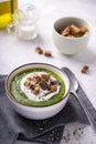 Rustic spinach and broccoli rich soup puree with cream and croutons Royalty Free Stock Photo