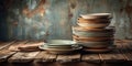 Rustic stack of earthenware dinner plates and bowls on weathered wooden table. Generative AI Royalty Free Stock Photo