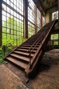 Rustic Staircase in Abandoned Building with Overgrown Greenery and Large Windows Royalty Free Stock Photo