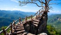 Rustic staircase built from driftwood and tree branches, winding along a mountain cliff with panoramic views of a lush valley Royalty Free Stock Photo