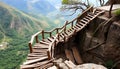 Rustic staircase built from driftwood and tree branches, winding along a mountain cliff with panoramic views of a lush valley 2 Royalty Free Stock Photo